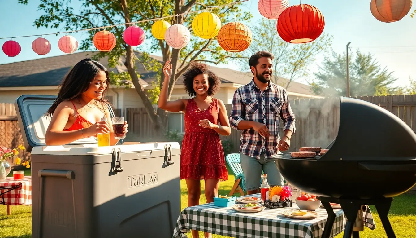 a vibrant backyard gathering with friends enjoying a barbecue on a sunny day.