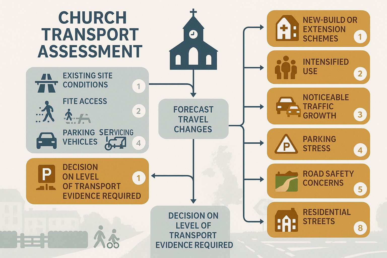 Church transport assessment flow showing when transport evidence is needed.