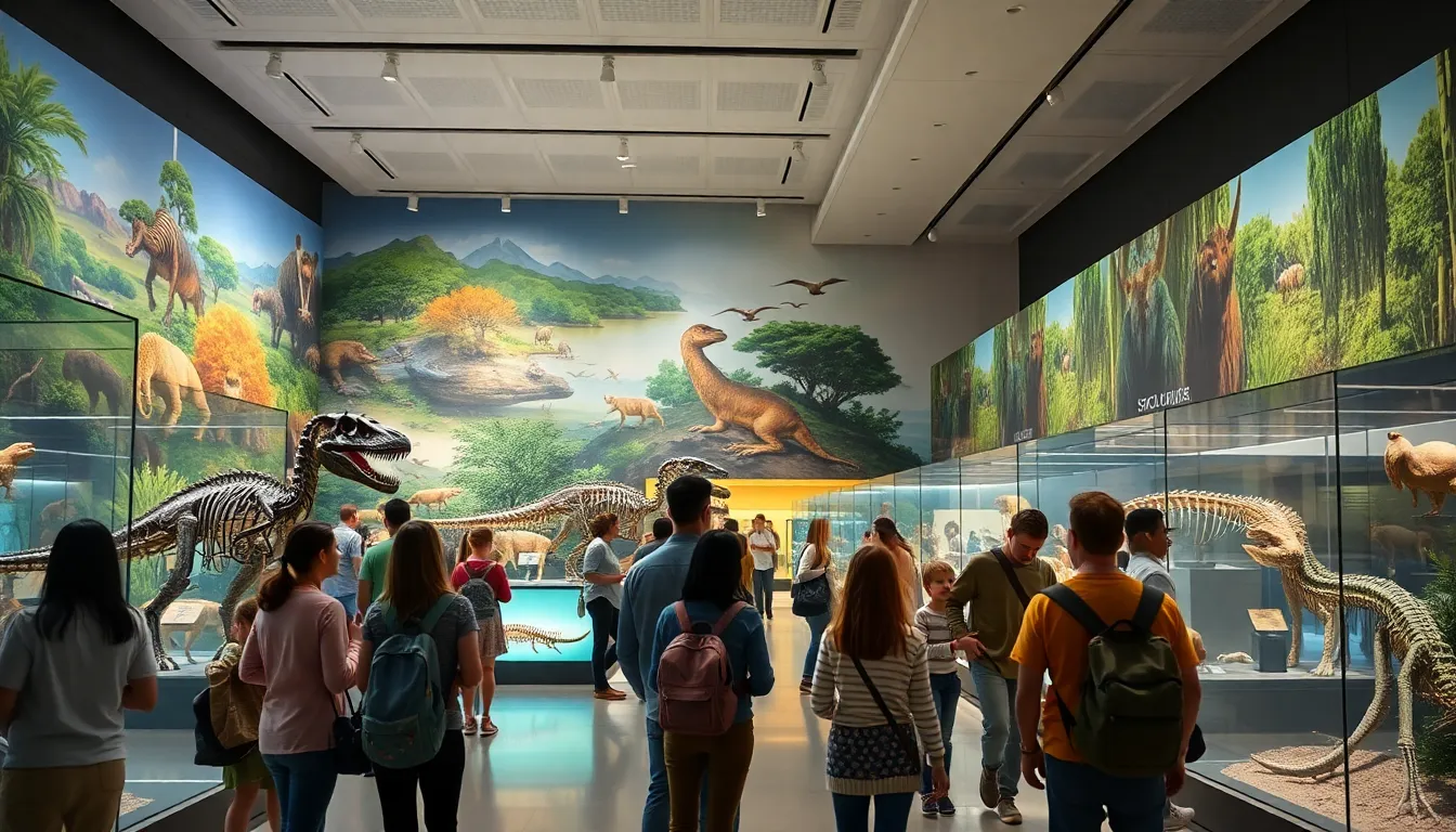 visitors exploring exhibits in a modern life science museum.