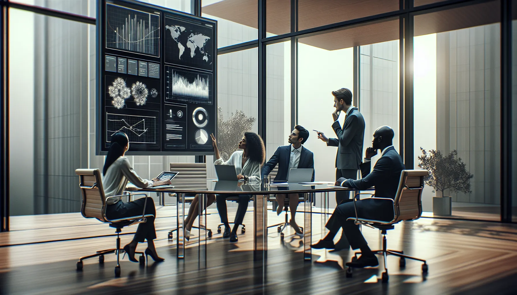diverse professionals collaborating around a digital dashboard in a modern office.