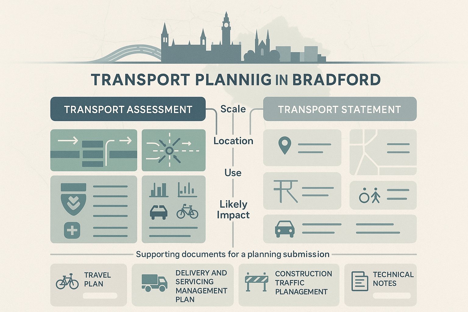 Comparison of Bradford transport planning reports with supporting plans and technical notes.