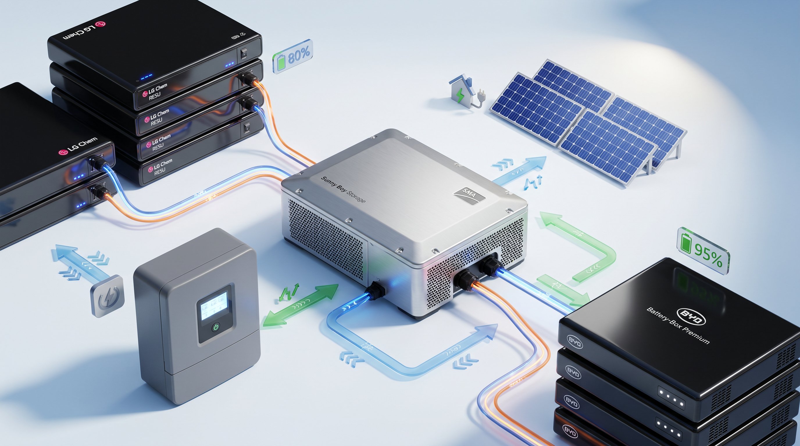 3D render of SMA battery inverter connected to solar panels and battery modules.