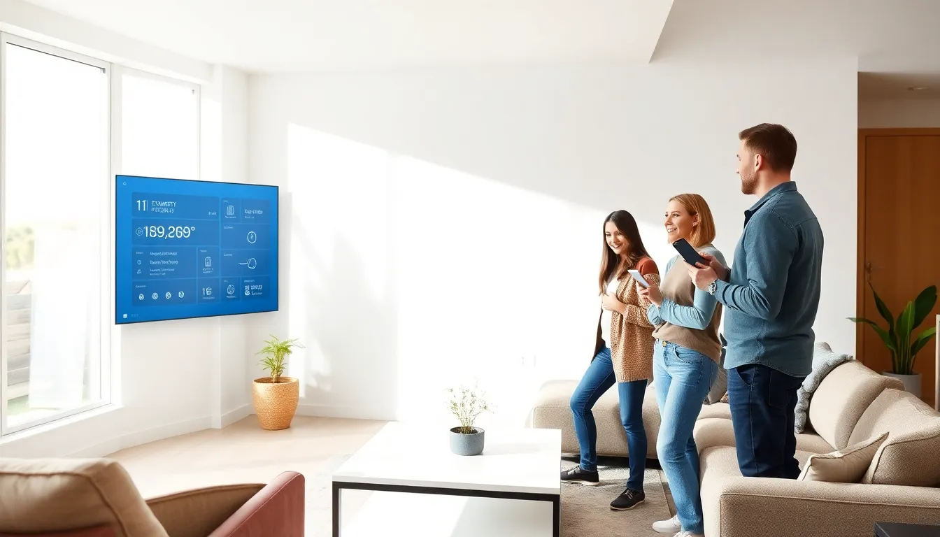 a modern living room featuring a smart home panel with a diverse family interacting.