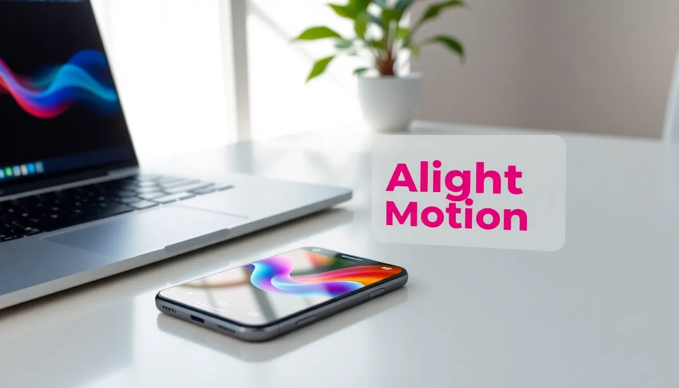 smartphone displaying Alight Motion app on a modern desk.