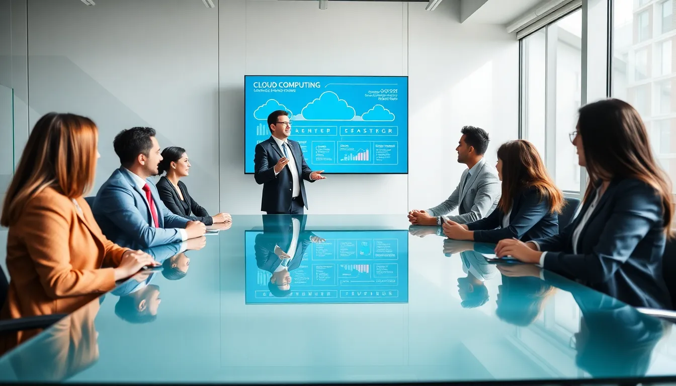 business team discussing cloud computing in a modern office.