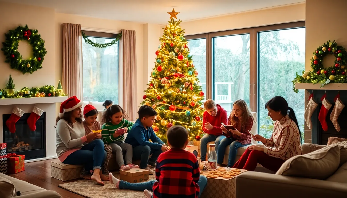 family celebrating Christmas in a cozy living room.