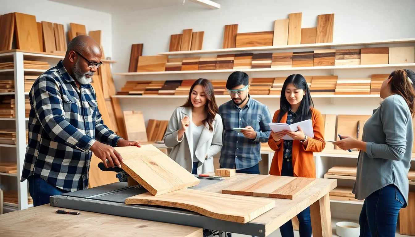 diverse group collaborating on wood DIY projects in a modern workshop.