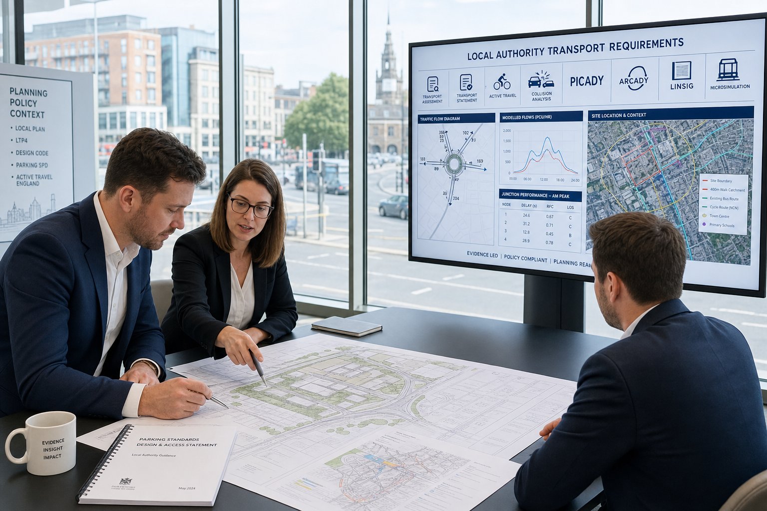 Transport consultants reviewing UK development plans and traffic analysis in a modern office.