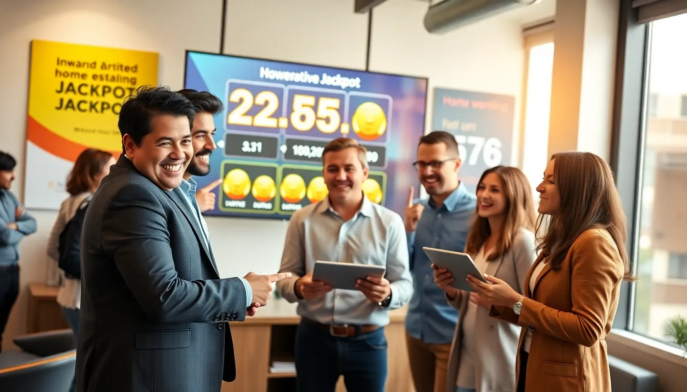excited homebuyers learning about accumulative jackpots in a modern real estate office.