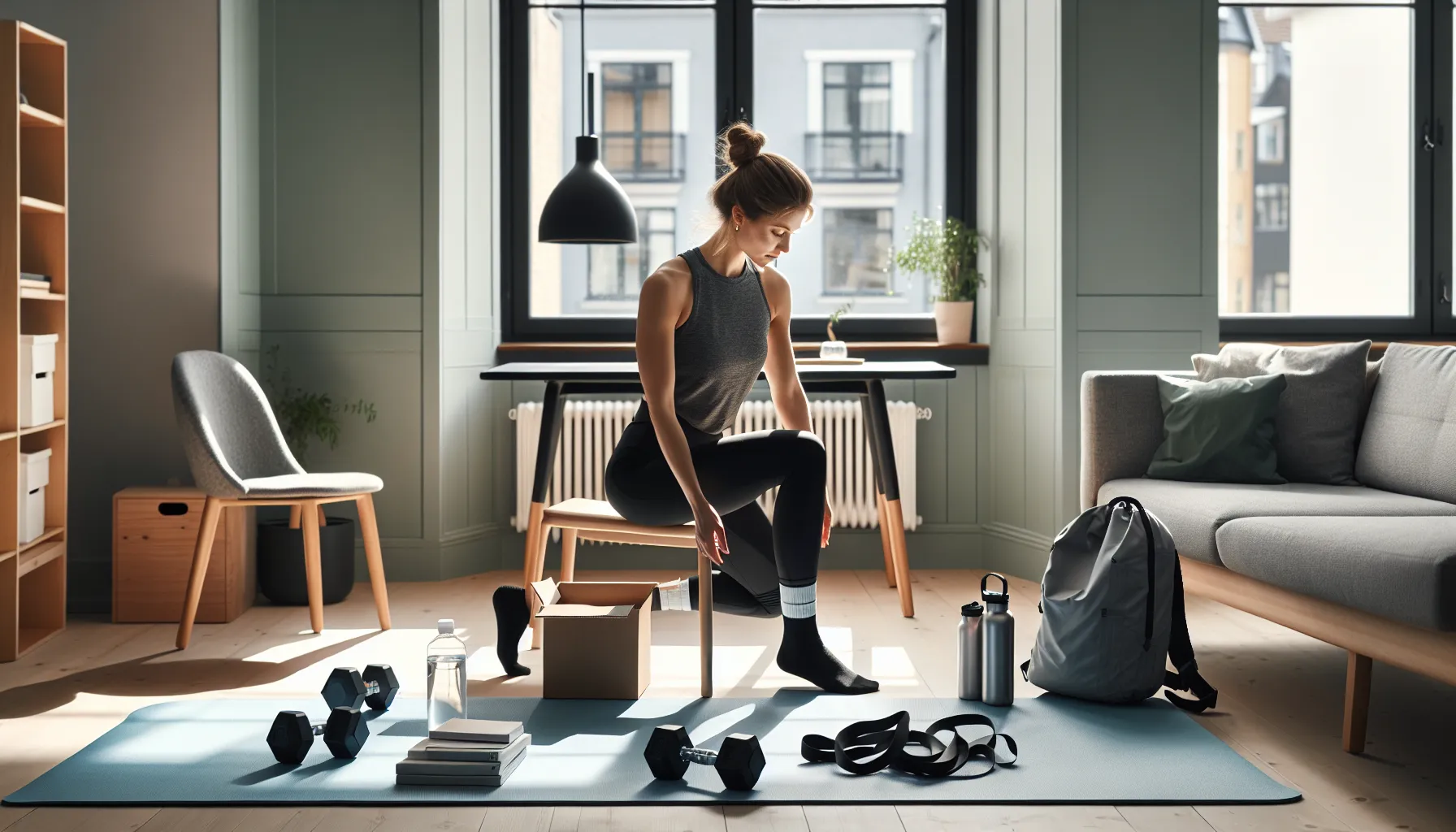 Norwegian woman unrolling a mat with budget home gym gear in living room.