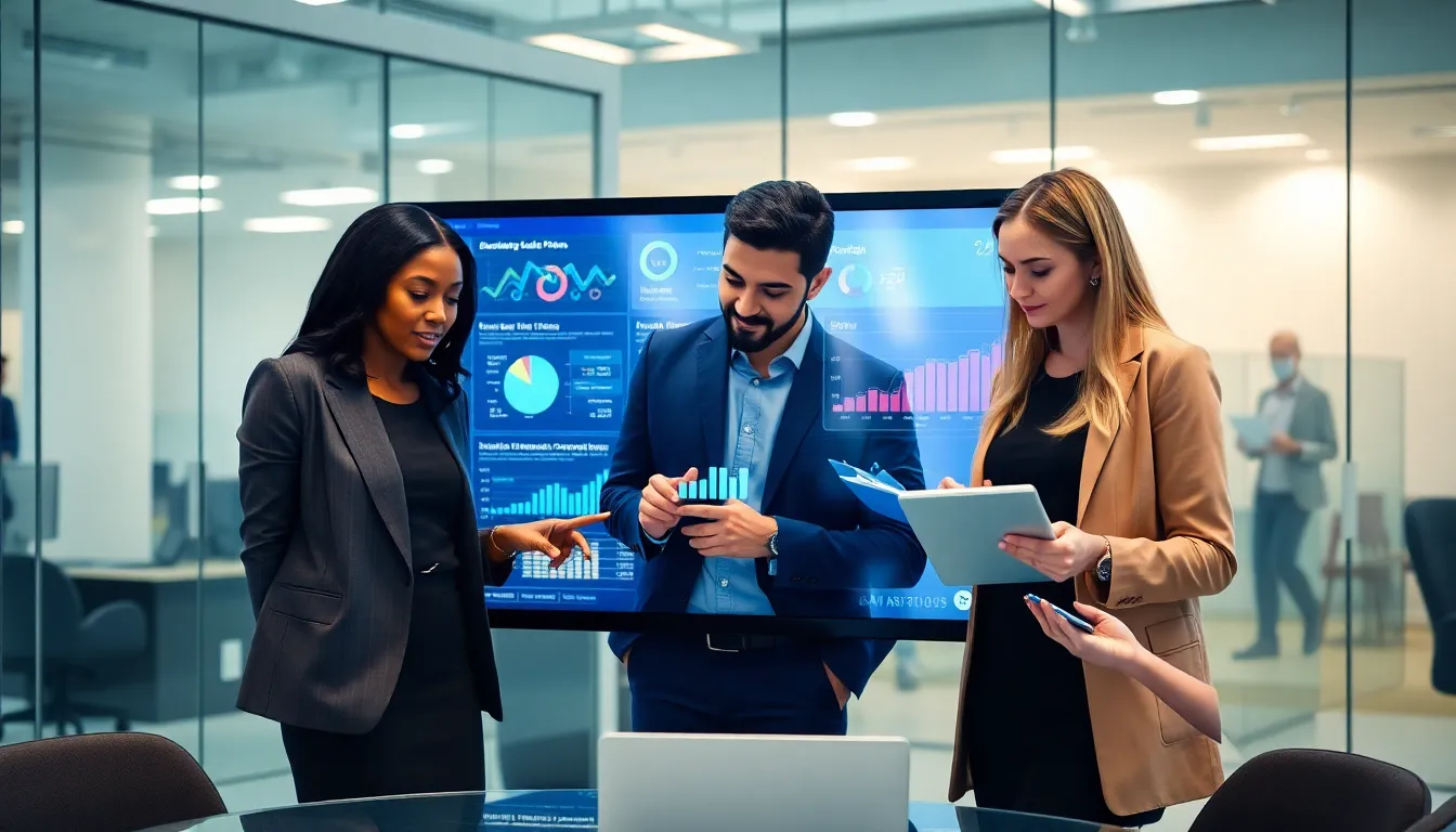 diverse team collaborating in a modern data analytics office.