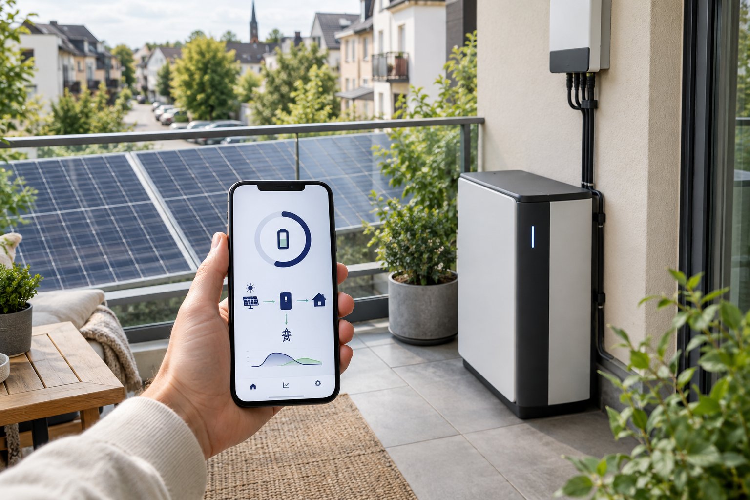 Smartphone mit Ladestandsanzeige neben einem Solarspeicher auf dem Balkon