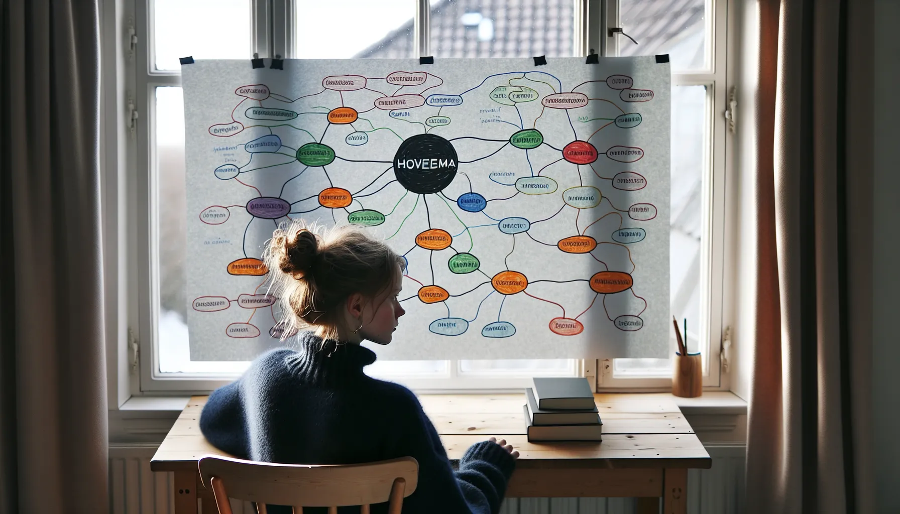 Hvordan bruke mindmaps for bedre læring 2 Norwegian student creates a colorful mind map for more effective studying.