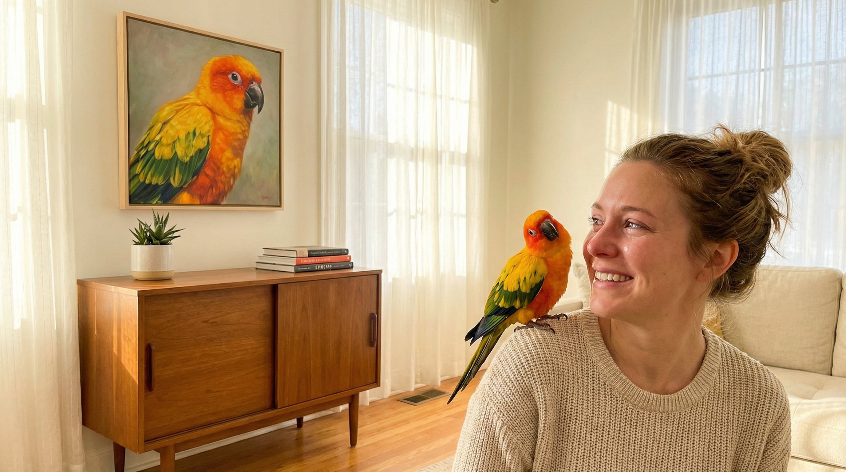 Woman smiling at a framed custom portrait of her sun conure parrot.