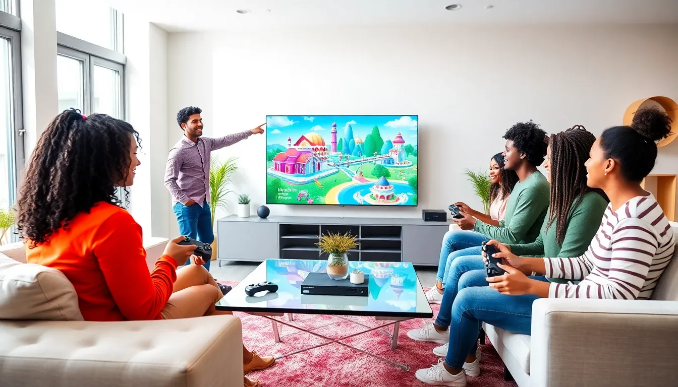 diverse group playing Xbox ImagineerGames in a modern living room.
