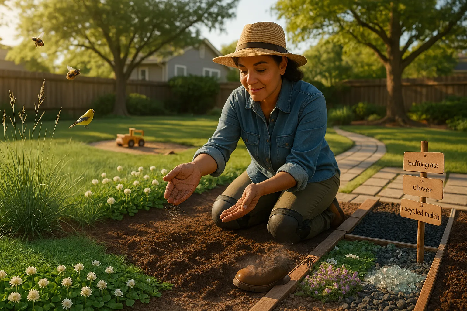 Homeowner planting native meadow seed with clover, thyme, and eco mulch samples.