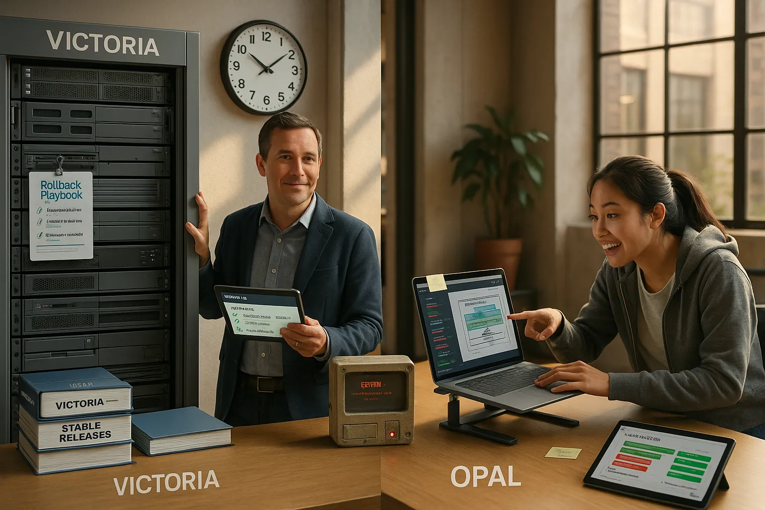 Two engineers compare a stable server stack and a sleek laptop representing Victoria and Opal.