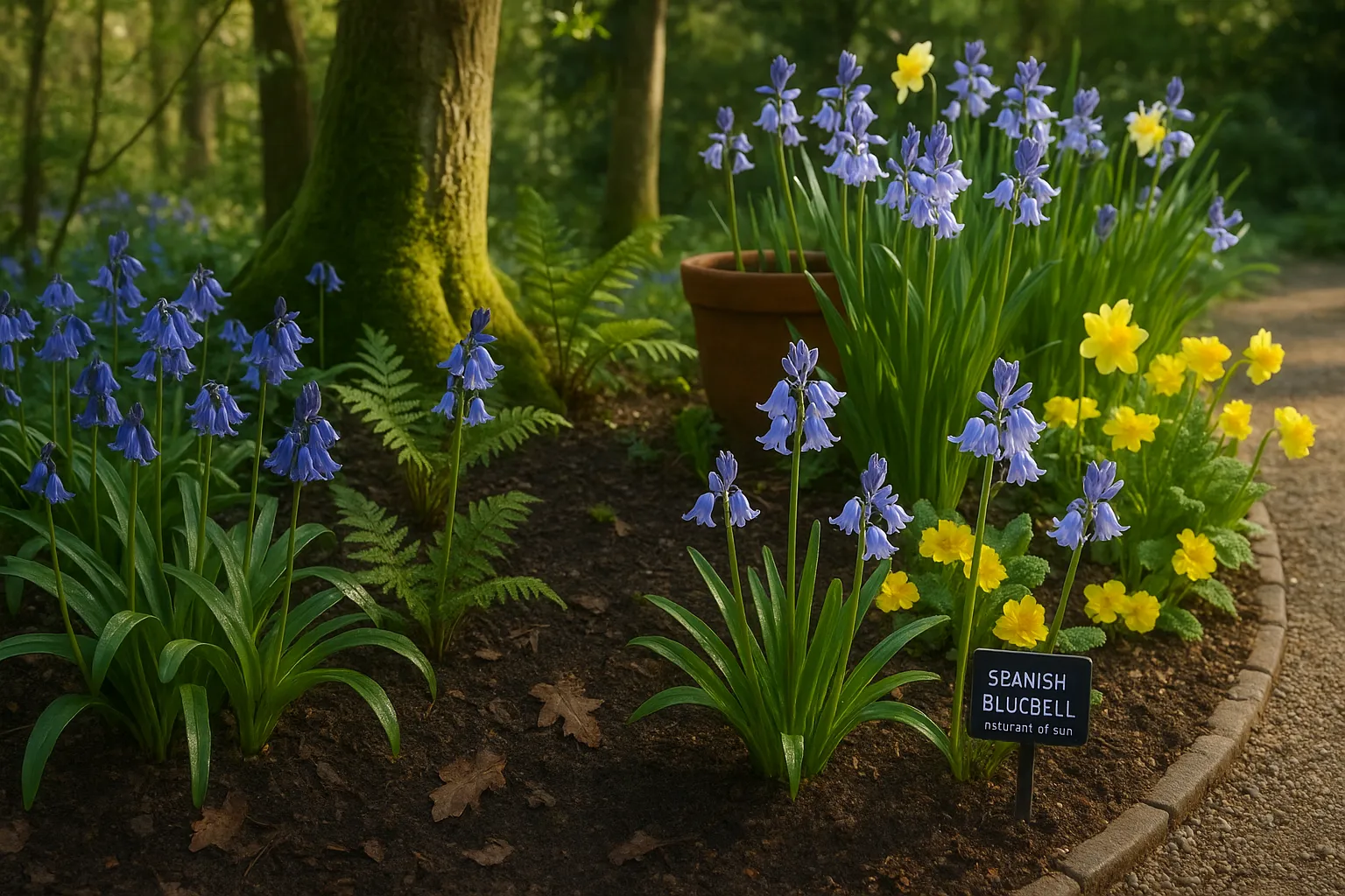 shaded English bluebells beside sunnier Spanish bluebells in contrasting garden beds
