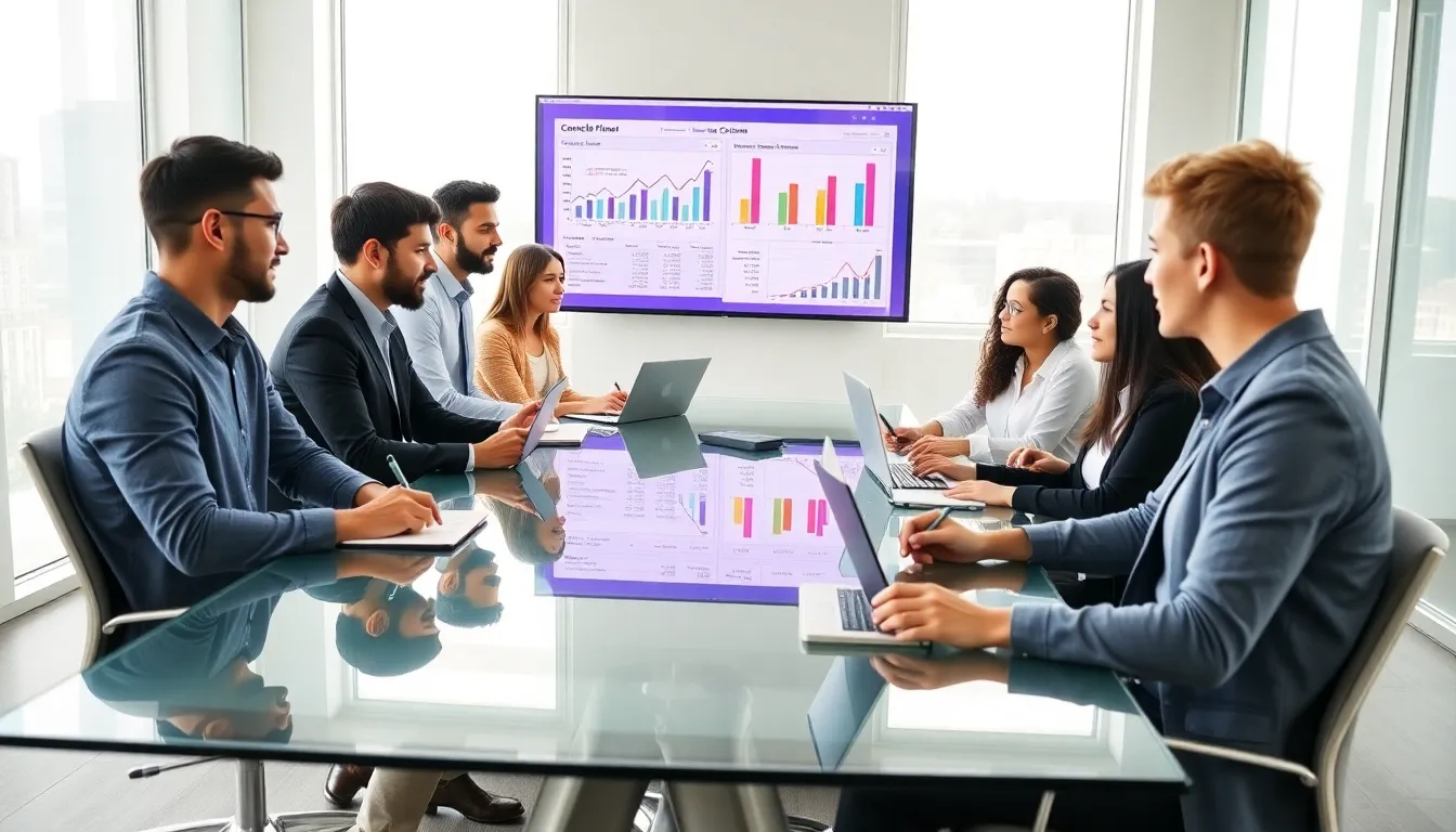 diverse young adults discussing finances in a modern office.