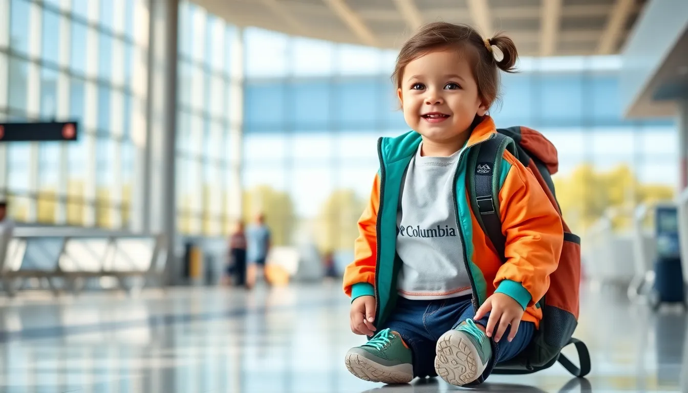 A baby girl in Columbia travel gear, ready for adventure.