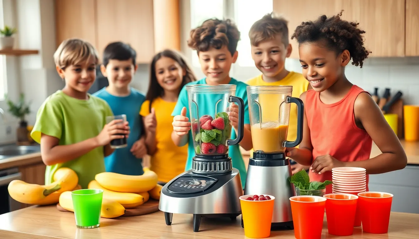 children preparing nutritious shakes in a bright kitchen.