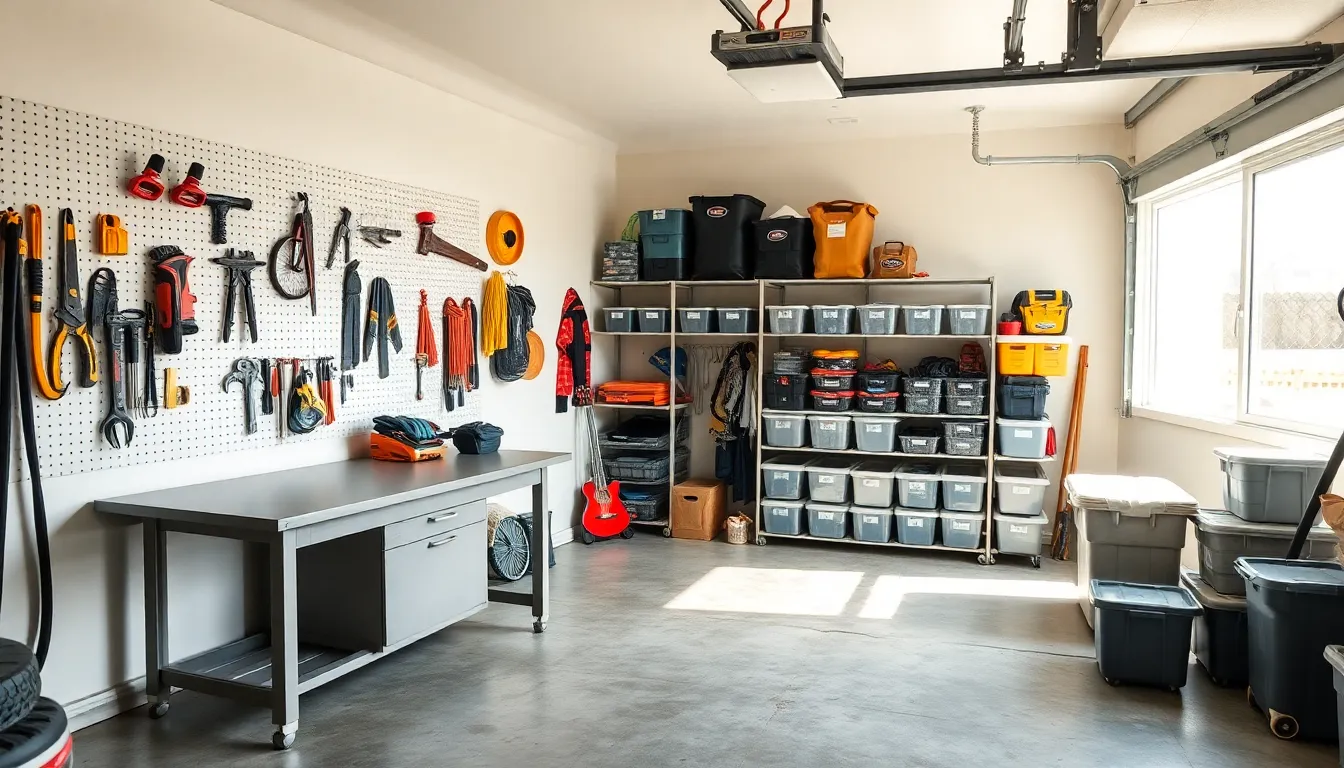 organized garage with a workbench and storage solutions.