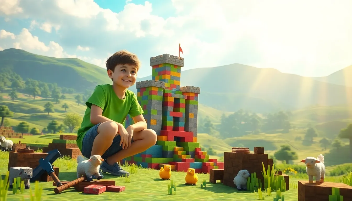 A child concentrating on building a colorful fortress in a Minecraft landscape.