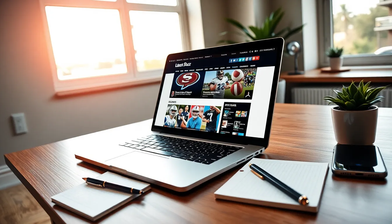 a modern workspace with a laptop displaying sports news and social media icons.