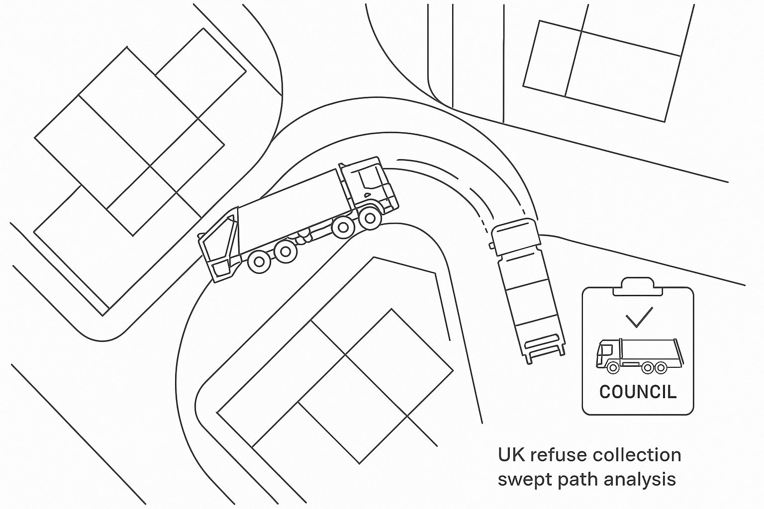 refuse truck turning path analysis on a UK residential site plan