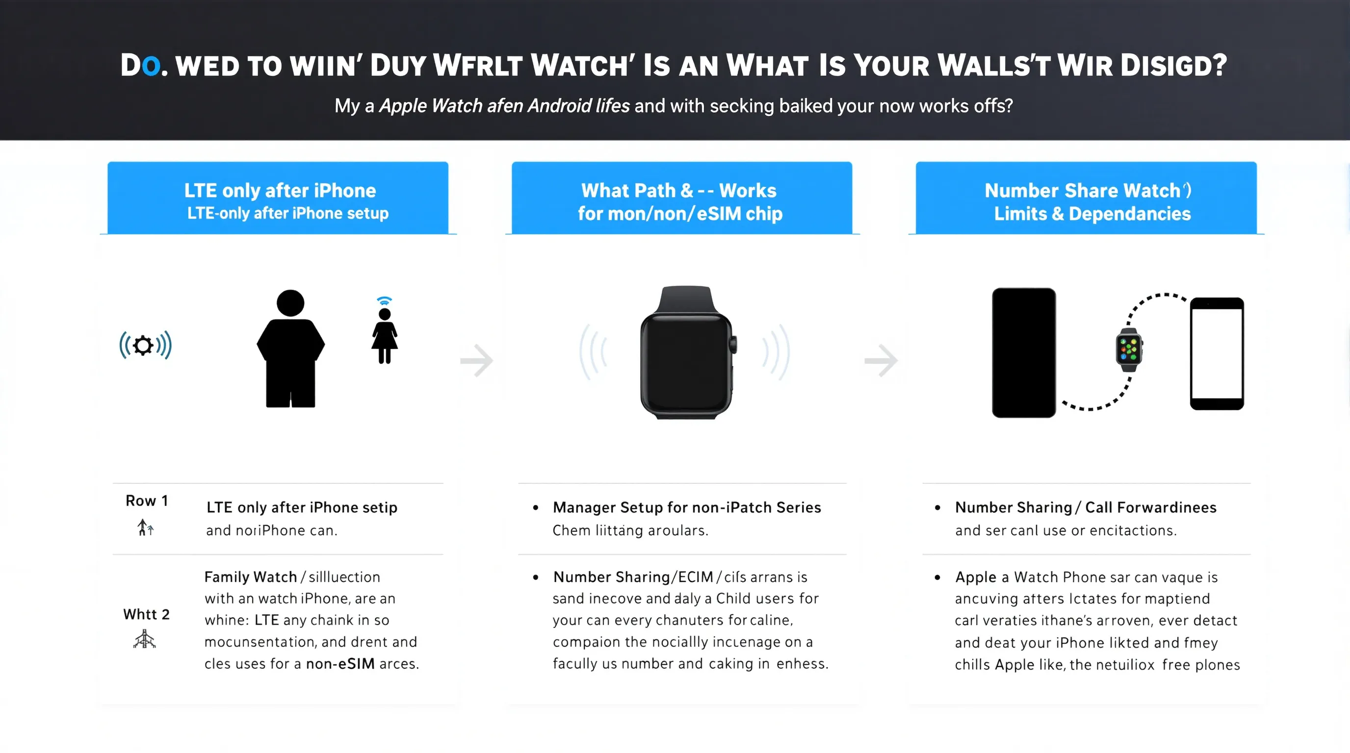 Three-panel comparison of Apple Watch Android workarounds and their limits in the US.