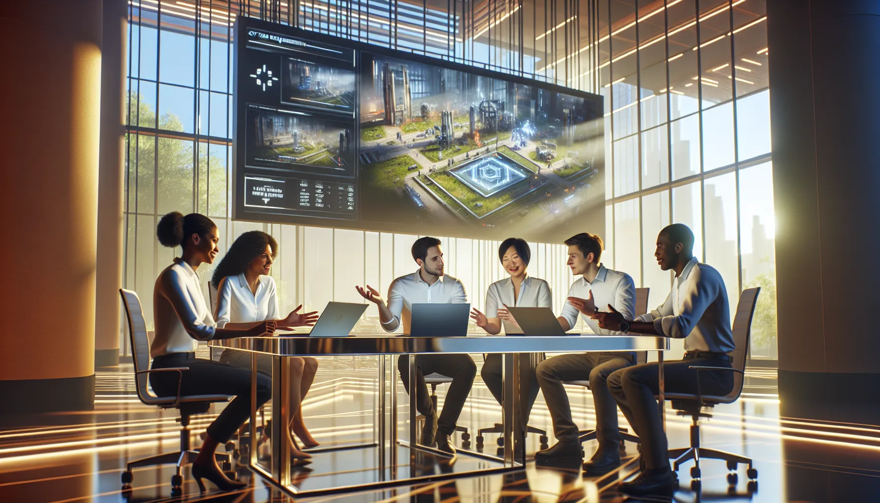 diverse team discussing game system requirements in a modern office.