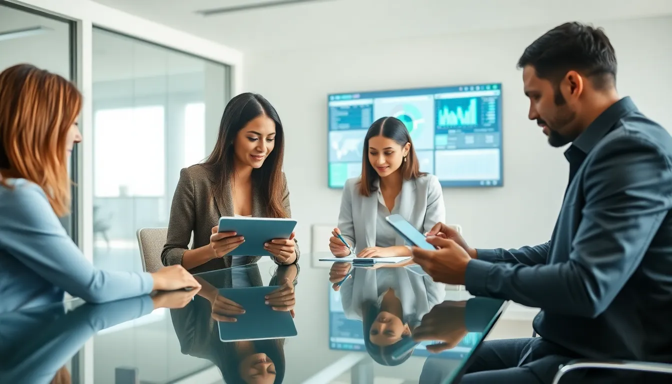 team collaborating with advanced technology in a modern office.