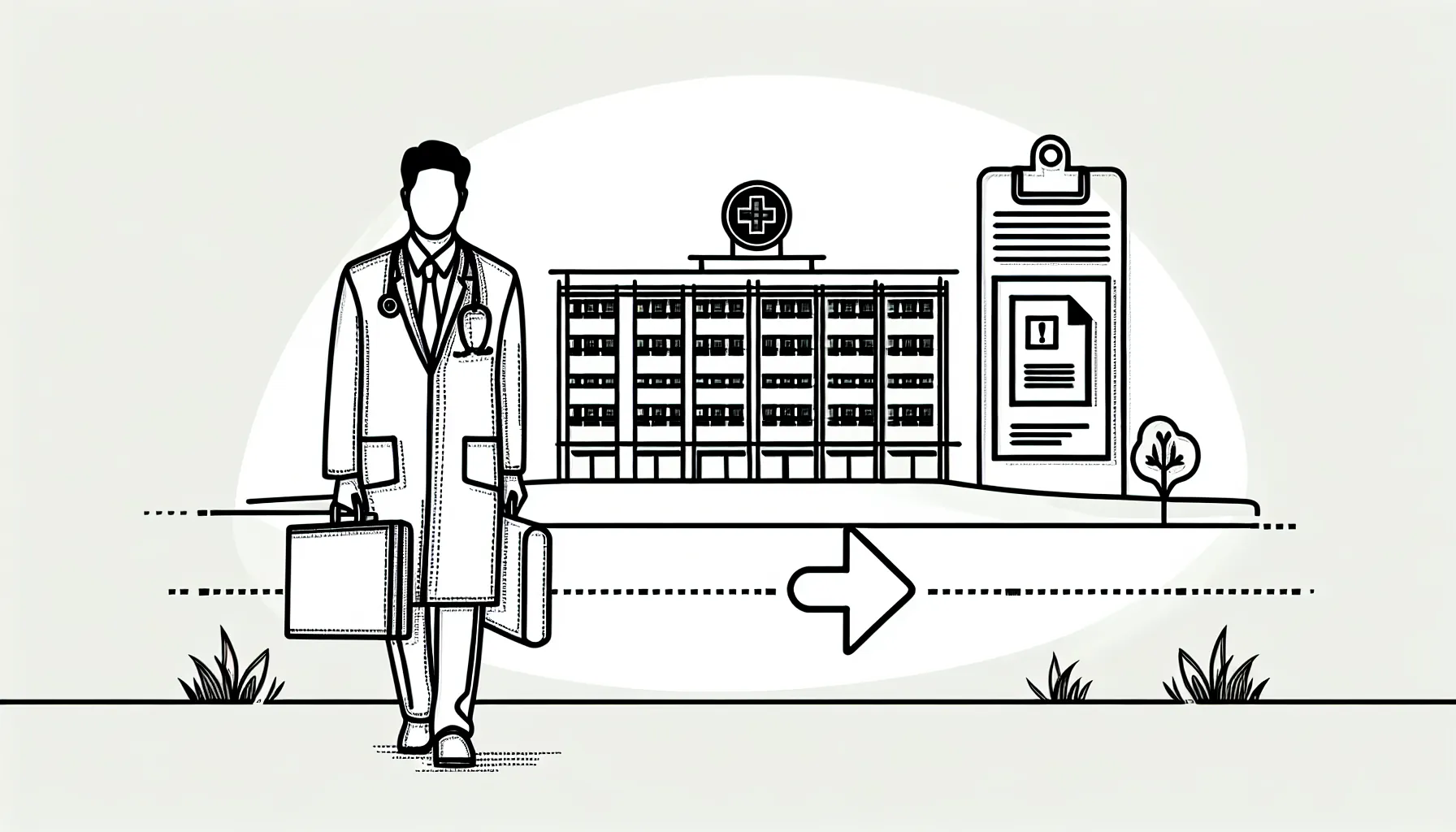 Physician leaving a hospital with a shield labeled ‘Tail’ over a claims timeline.