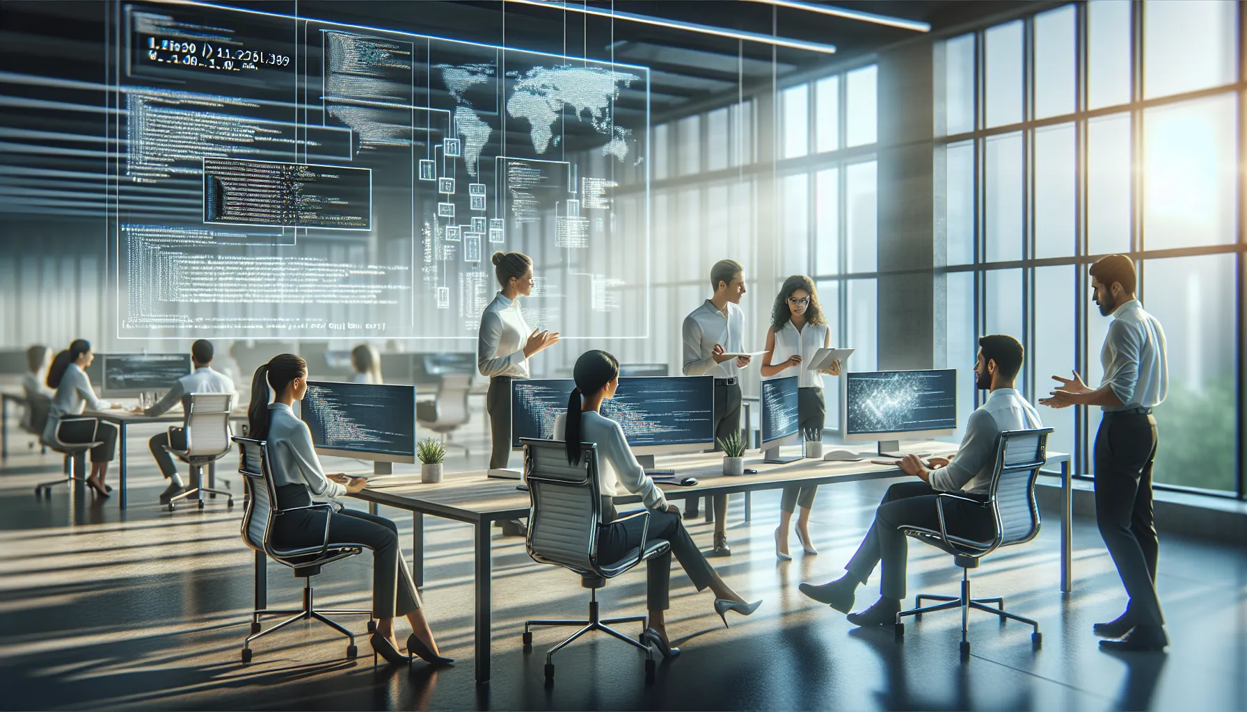 professionals collaborating in a modern office setting with digital displays.