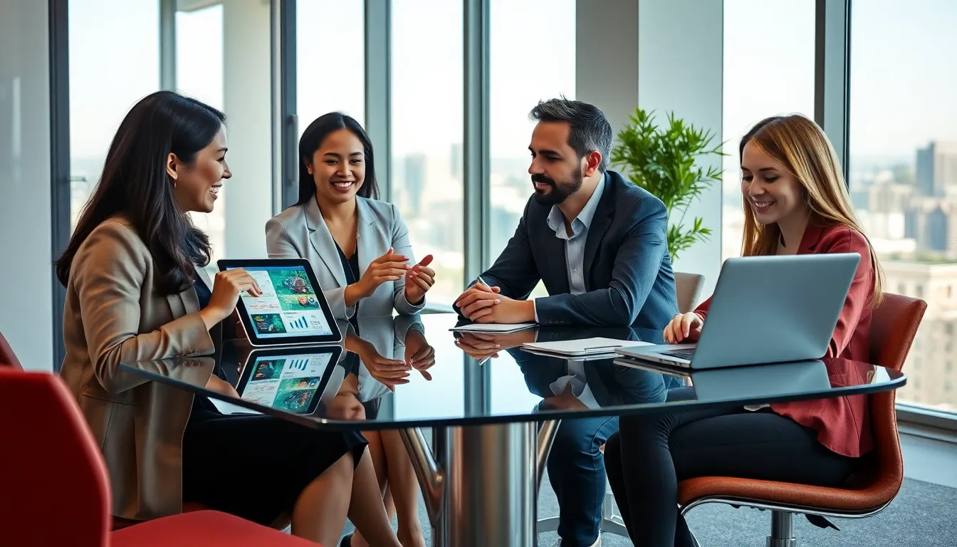 diverse professionals collaborating on digital content ideas in a modern office.