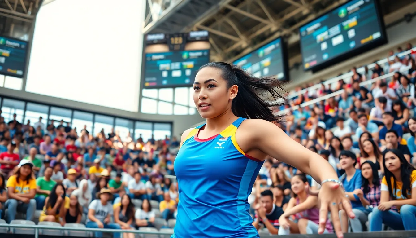A young female athlete performs in a vibrant sports arena filled with fans.