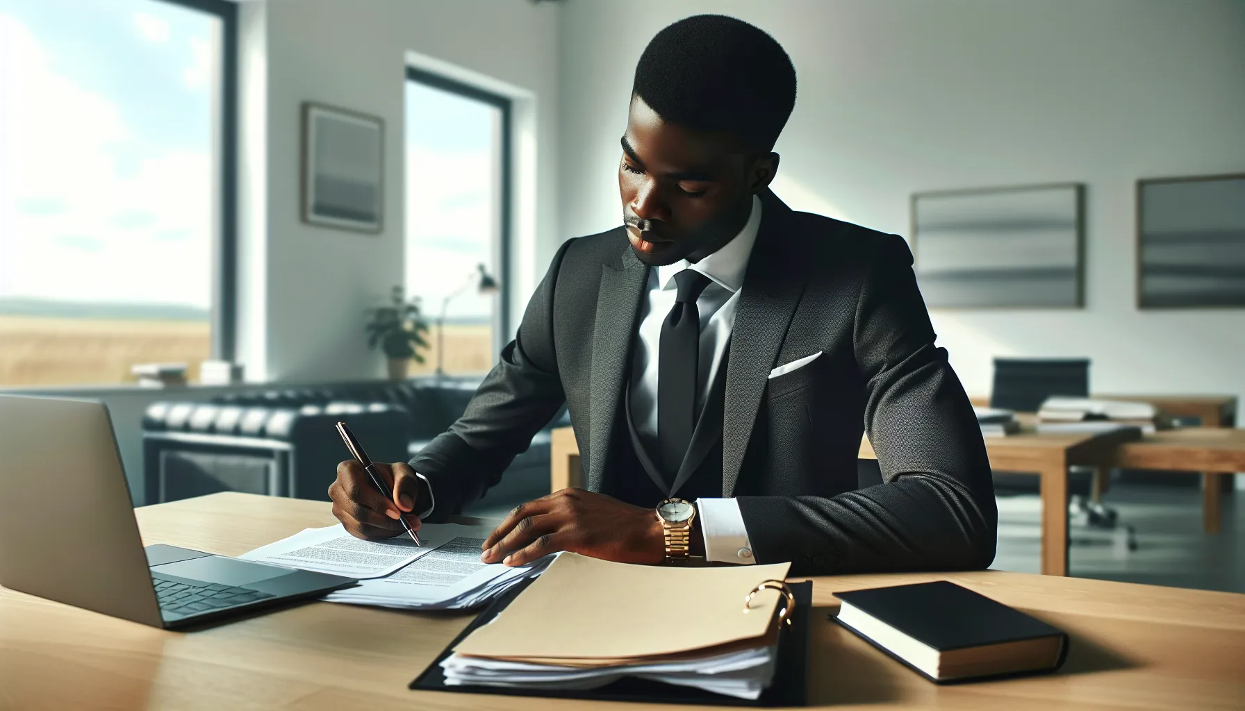 Professional person reviewing legal complaint documents at modern office desk