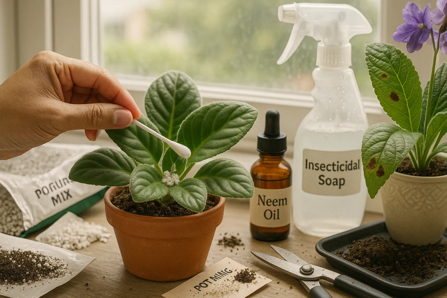 Hand dabbing mealybugs on an African violet on a sunlit windowsill.