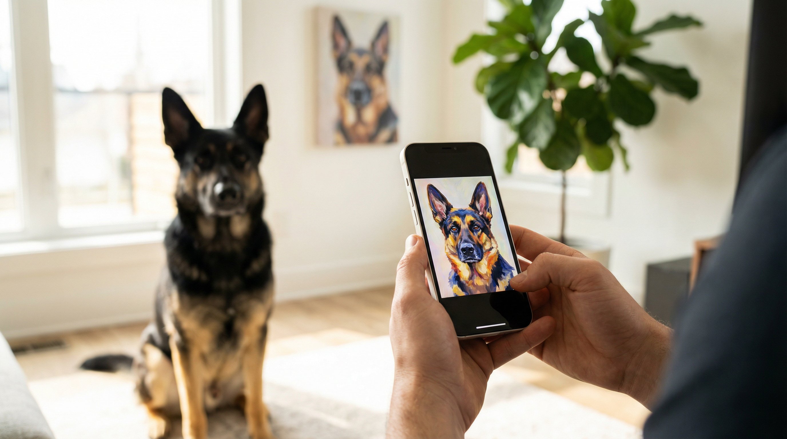 Hands holding a smartphone showing a German Shepherd portrait with the real dog behind.