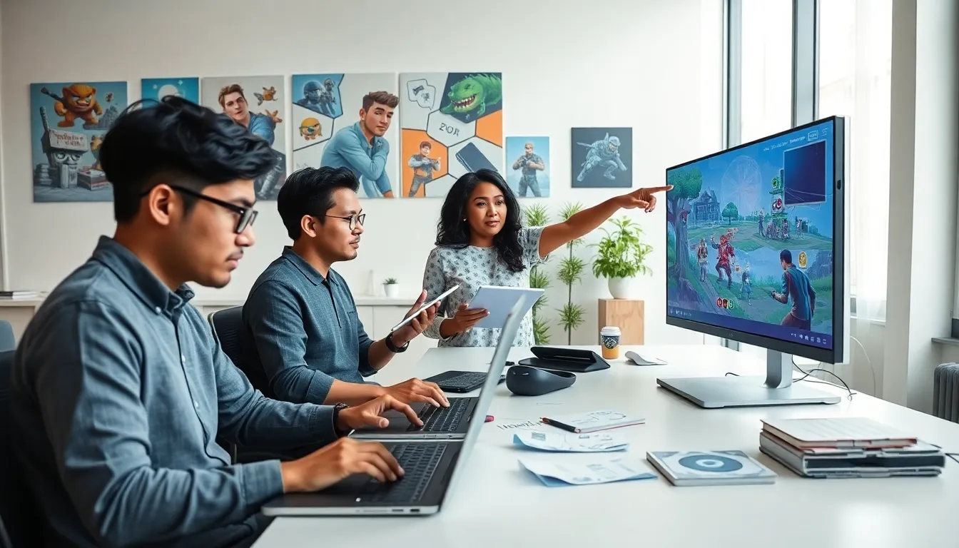 diverse team of game developers collaborating in a modern office.