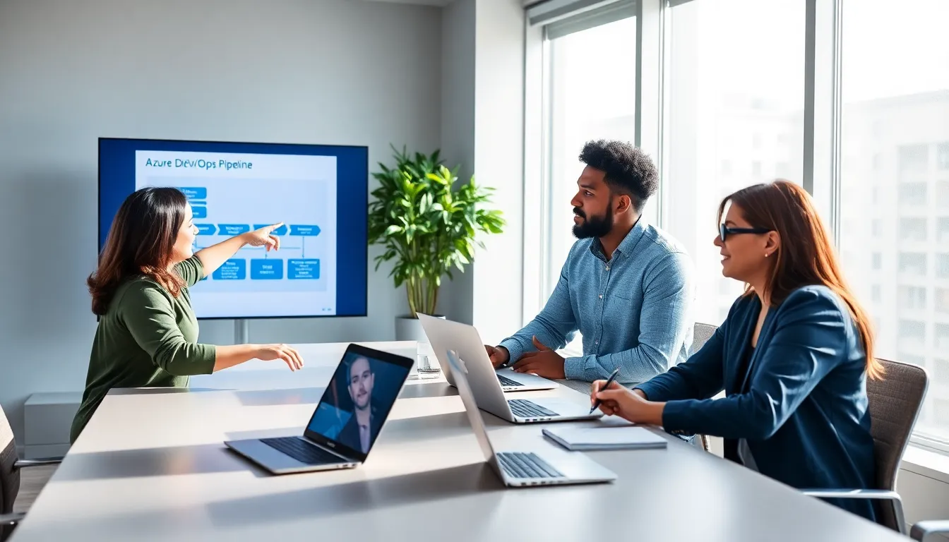team discussing Azure DevOps concepts in a modern office.