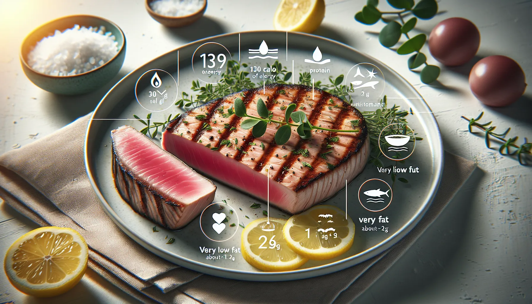 Grilled tuna steak with nutritional info overlays in a modern kitchen setting.