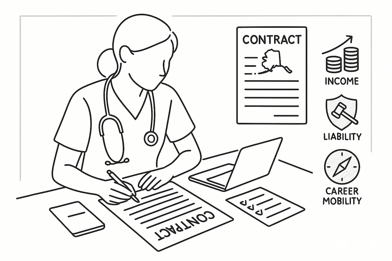 Nurse practitioner reviewing a contract with icons for pay, liability, and mobility.