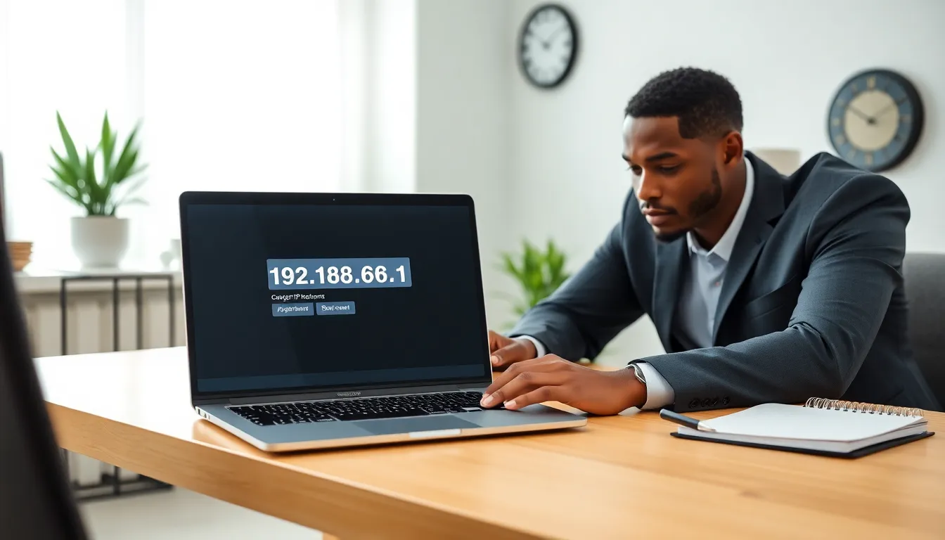 person configuring router settings in a modern home office.