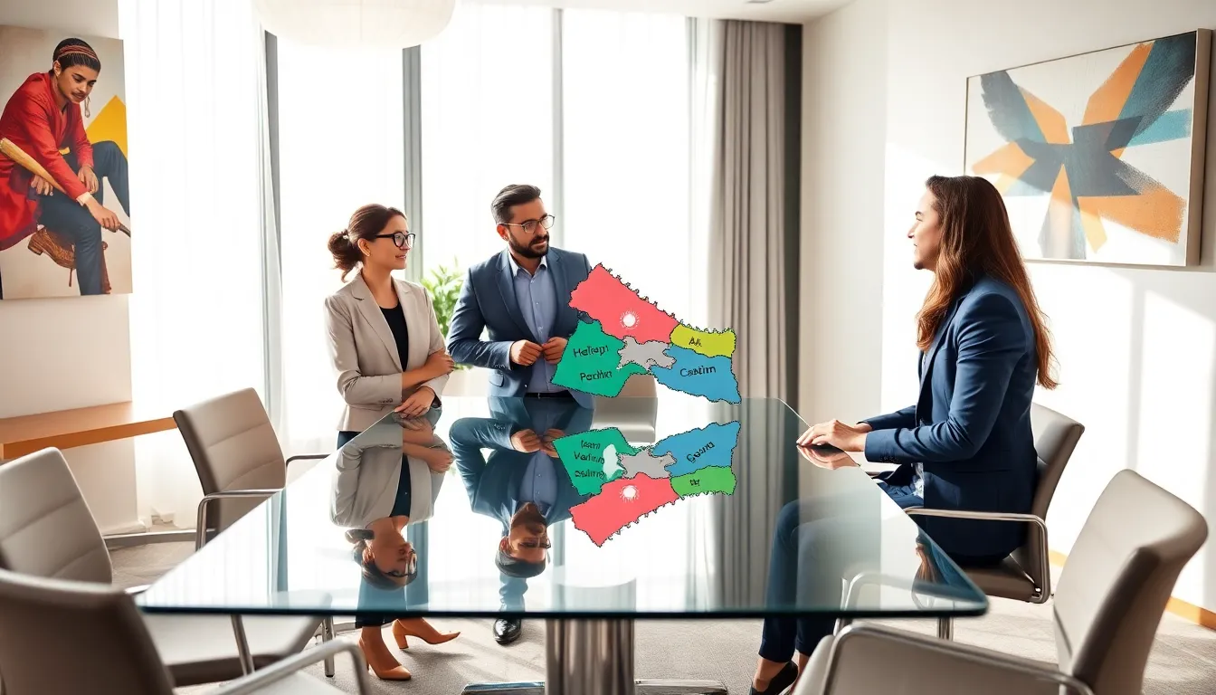 diverse professionals discussing Nepali culture in a modern office.