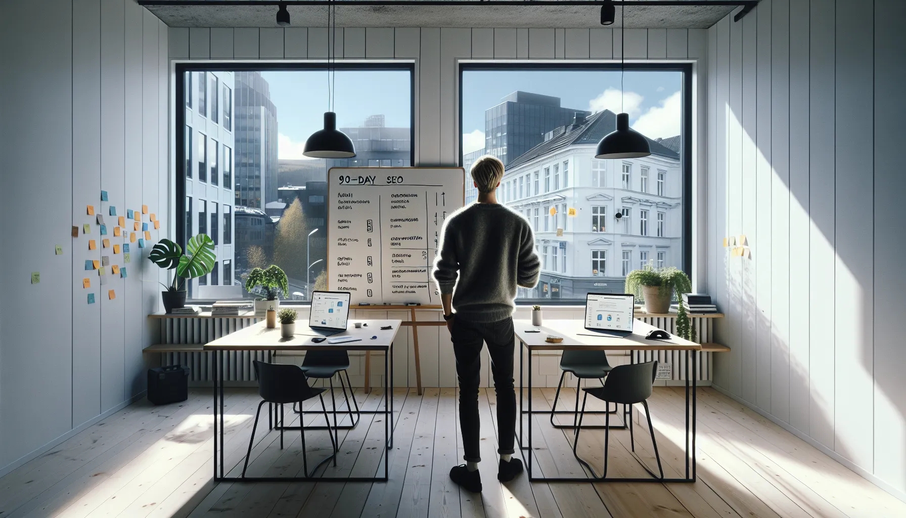 Norwegian startup lead planning a 90-day SEO roadmap with KPIs on whiteboard.