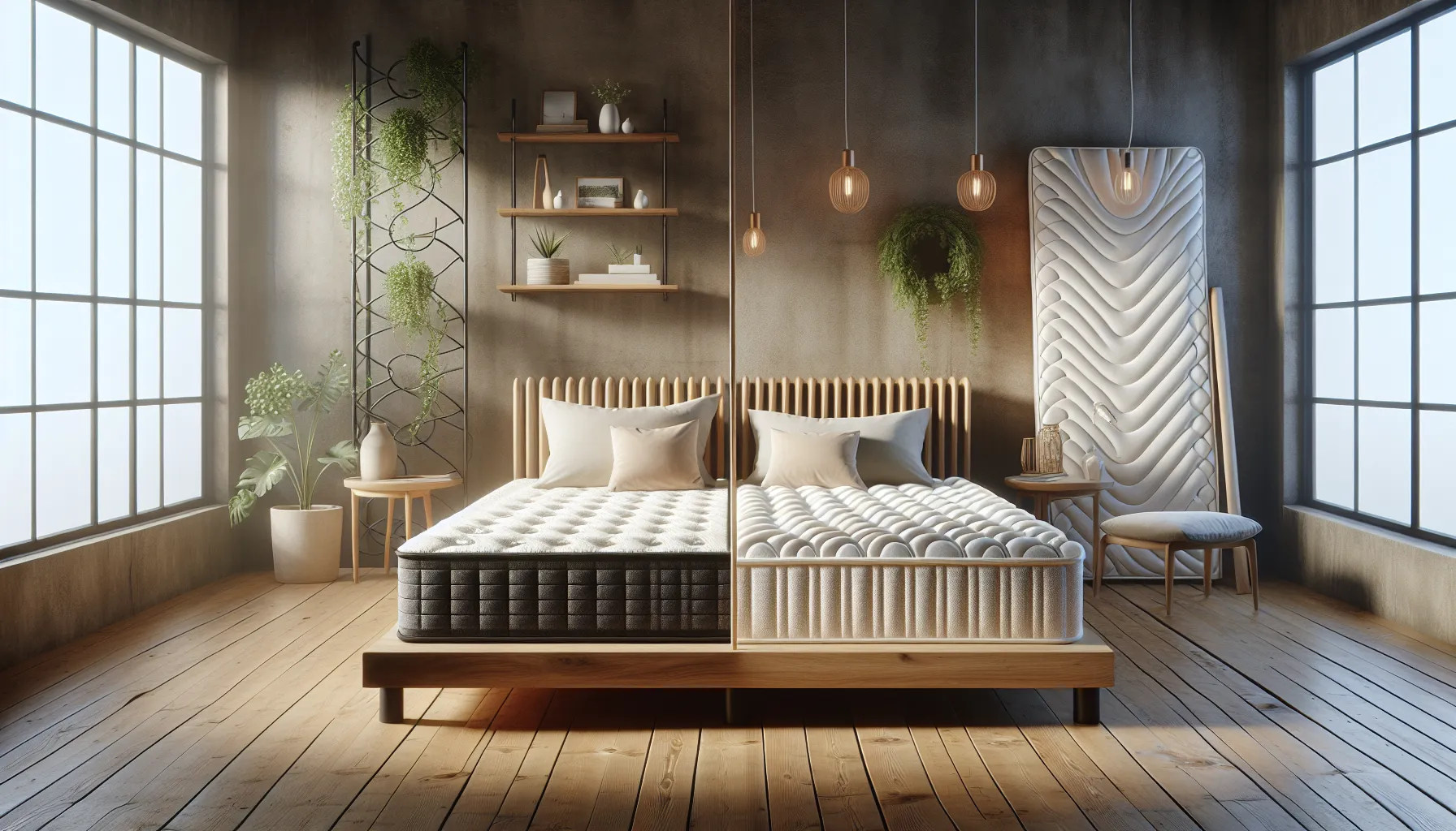 A room displaying innerspring and hybrid mattresses side-by-side for comparison.