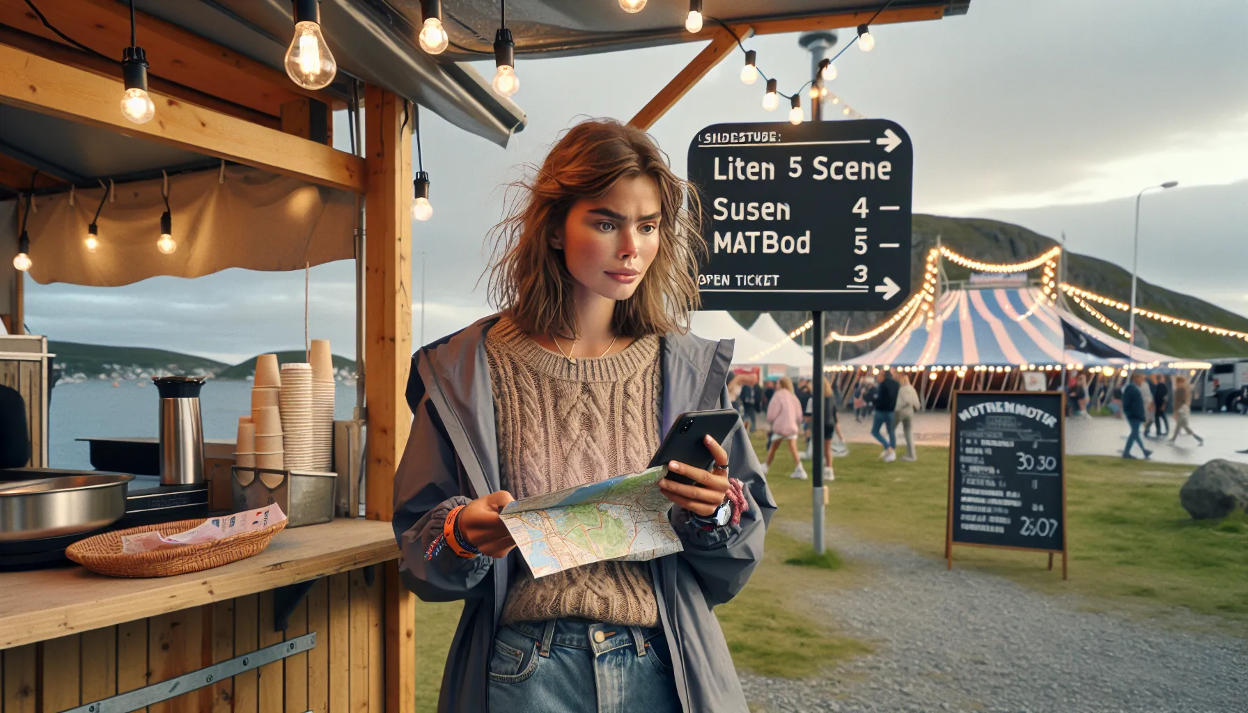 Woman checks festival schedule near food stall at a norwegian summer festival.