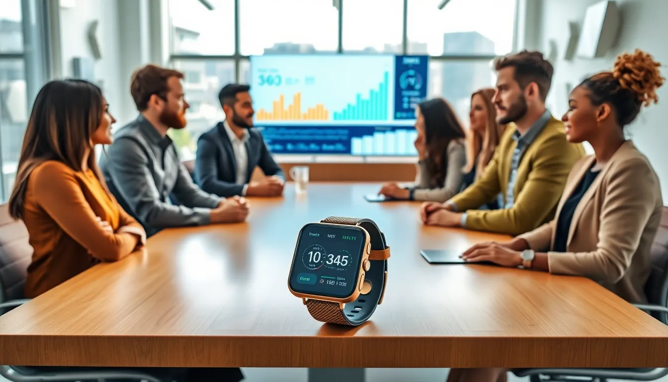 professionals discussing wearable technology in a modern office.