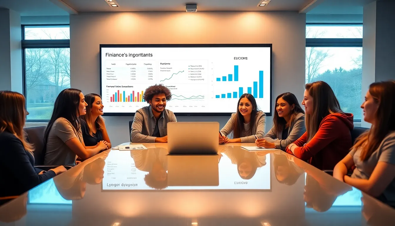 students discussing tuition costs in a modern office setting.